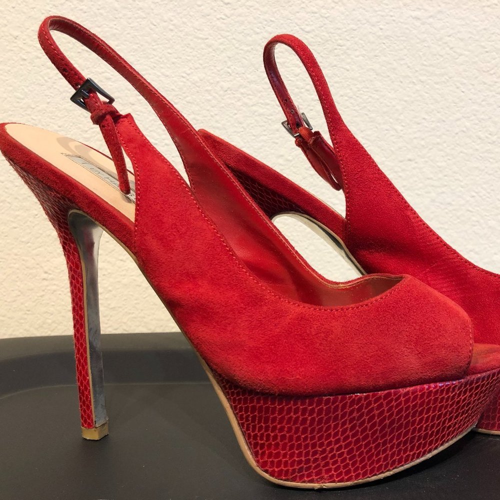 Halston Red Platform Peep Toe Pumps - image 1